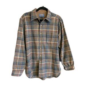 Pendleton Shirt Mens Large 100% Virgin Wool USA Brown Blue VTG 60's Woolen Mills